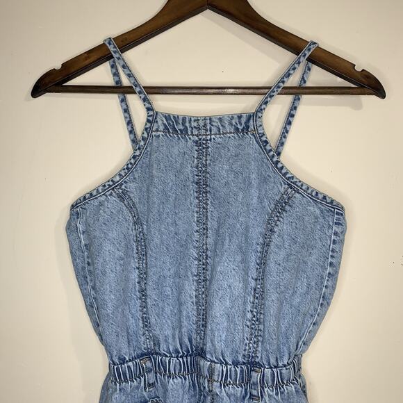Zara Girls Denim Dungaree Jumpsuit Wide Leg Pockets Open Back Size 9 - Picture 2 of 12